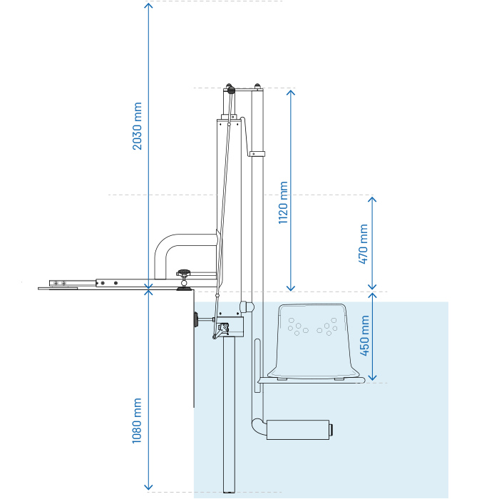 Croquis del alzado del ascensor de piscina para discapacitados f&iacute;sicos Access B1